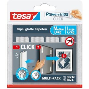 tesa UK tesa® Powerstrips Click Self-Adhesive Hook-and-Loop Strips with On & Off Click System for Attachment of Picture Frames and Wall Decorations Without Drilling 6 x 2 M, 8 x 2 L tesa UK tesa® Powerstrips Click Self-Adhesive Hook-and-Loop Strips with On & Off Click System for Attachment of Picture Frames and Wall Decorations Without Drilling 6 x 2 M, 8 x 2 L