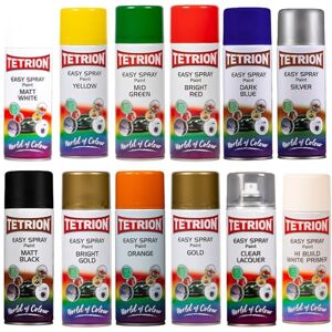 Tetrion Easy Spray Paint 400ml, 12 pack Matt White, Yellow, Dark Blue, Bright Red, Mid Green, Black, Gold, Orange, Silver, Clear, Hi-Build White Primer – Acrylic, quick-dry, multi-surface. Tetrion Easy Spray Paint 400ml, 12 pack Matt White, Yellow, Dark Blue, Bright Red, Mid Green, Black, Gold, Orange, Silver, Clear, Hi-Build White Primer – Acrylic, quick-dry, multi-surface.