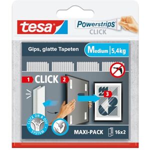 tesa UK tesa® Powerstrips Click Self-Adhesive Hook-and-Loop Strips with On & Off Click System for Attachment of Picture Frames and Wall Decorations Without Drilling Medium 16 x 2 Pieces tesa UK tesa® Powerstrips Click Self-Adhesive Hook-and-Loop Strips with On & Off Click System for Attachment of Picture Frames and Wall Decorations Without Drilling Medium 16 x 2 Pieces