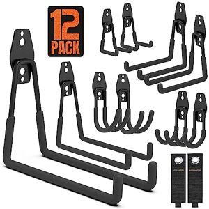 SMARTOLOGY Garage Hooks, 12 Pack Wall Storage Hooks with 2 Extension Cord Storage Straps, Heavy Duty Tool Hangers for Utility Organizer, Wall Mount Holders for Garden Lawn Tools, Ladders, Bike (Black) SMARTOLOGY Garage Hooks, 12 Pack Wall Storage Hooks with 2 Extension Cord Storage Straps, Heavy Duty Tool Hangers for Utility Organizer, Wall Mount Holders for Garden Lawn Tools, Ladders, Bike (Black)