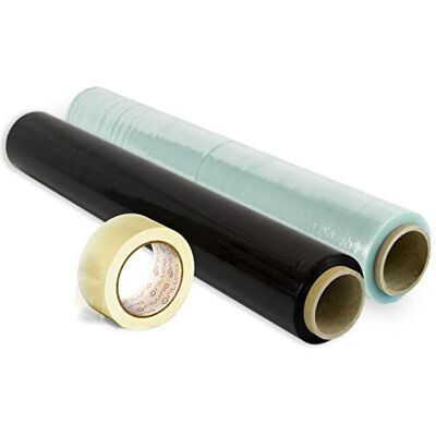 OFITURIA Pack of 2 Film Colour Packaging + Transparent Adhesive Tape, Elastic Roll, 50 cm Extendable up to 300 m, Moving and Packaging Protection Black and Transparent + Adhesive Tape OFITURIA Pack of 2 Film Colour Packaging + Transparent Adhesive Tape, Elastic Roll, 50 cm Extendable up to 300 m, Moving and Packaging Protection Black and Transparent + Adhesive Tape