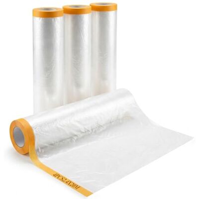 Woobroo 4 PCS Plastic Dust Sheet Roll, 2.4x20M Drop Film Masking Tape with Plastic Sheet, Transparent Pre-Taped Masking Film for Painting, Decorating, Furniture Covering Woobroo 4 PCS Plastic Dust Sheet Roll, 2.4x20M Drop Film Masking Tape with Plastic Sheet, Transparent Pre-Taped Masking Film for Painting, Decorating, Furniture Covering