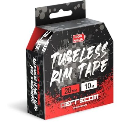 ERRECOM 1000 Miglia Tubeless Rim Tape 10 m x 28 mm, Adhesive Tape for Tubeless Conversion, Ultra Resistant, Contains 4 Seal Patches ERRECOM 1000 Miglia Tubeless Rim Tape 10 m x 28 mm, Adhesive Tape for Tubeless Conversion, Ultra Resistant, Contains 4 Seal Patches