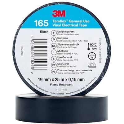 Temflex 3M Vinyl Electrical Tape 165, Black, 19 mm x 25 m, 10 Roll per Pack Temflex 3M Vinyl Electrical Tape 165, Black, 19 mm x 25 m, 10 Roll per Pack