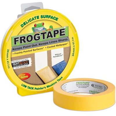 Frog Tape Yellow Delicate Surface Painters Masking Tape 24mm x 41.1m Hanging Pack. Indoor painting and decorating for sharp lines and no paint bleed Frog Tape Yellow Delicate Surface Painters Masking Tape 24mm x 41.1m Hanging Pack. Indoor painting and decorating for sharp lines and no paint bleed