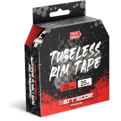 ERRECOM 1000 Miglia Tubeless Rim Tape 25 m x 28 mm, Adhesive Tape for Tubeless Conversion, Ultra Resistant, Contains 10 Seal Patches ERRECOM 1000 Miglia Tubeless Rim Tape 25 m x 28 mm, Adhesive Tape for Tubeless Conversion, Ultra Resistant, Contains 10 Seal Patches
