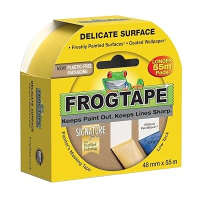 Frog Tape Yellow Delicate Surface Painters Masking Tape 48mm x 55m. Indoor painting and decorating for sharp lines and no paint bleed Frog Tape Yellow Delicate Surface Painters Masking Tape 48mm x 55m. Indoor painting and decorating for sharp lines and no paint bleed
