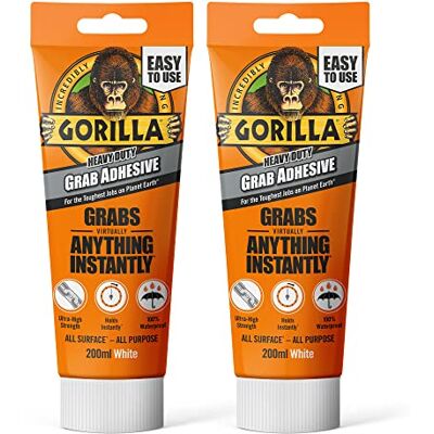 GORILLA Heavy Duty White Grab Adhesive, 200ml Tube (2 Pack) – All-Purpose, Ultra-High Strength & Holds Instantly 100% Waterproof & Temperature Resistant GORILLA Heavy Duty White Grab Adhesive, 200ml Tube (2 Pack) – All-Purpose, Ultra-High Strength & Holds Instantly 100% Waterproof & Temperature Resistant