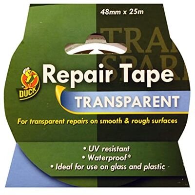 Duck Clear Repair Tape 48mm x 25m Transparent Duct Tape, Strong, Waterproof Outdoor Repair, High Strength Adhesive, Ideal for Cracked Glass, Broken Plastic, UV Resistant Duck Clear Repair Tape 48mm x 25m Transparent Duct Tape, Strong, Waterproof Outdoor Repair, High Strength Adhesive, Ideal for Cracked Glass, Broken Plastic, UV Resistant