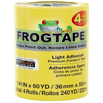 Frog Tape Yellow Delicate Surface Masking Tape for Painting 36mm x 55m, Decorators Tape, Painters Masking Tape for Indoor Painting & Decorating Pack of 4 Frog Tape Yellow Delicate Surface Masking Tape for Painting 36mm x 55m, Decorators Tape, Painters Masking Tape for Indoor Painting & Decorating Pack of 4