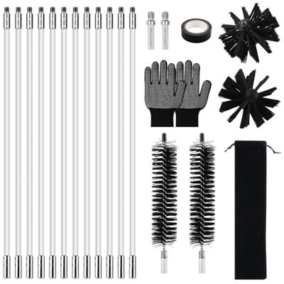 RNPKZ Chimney Sweep kit, 21Pcs Chimney Cleaning Brush Kit with 12 Flexible Rods, 2 Brush Heads, 2 Dryer Lint Brush & Accessories, Duct Vent Cleaning Set for Chimney Hood Ducts Dryer Vents Sewage Pipe RNPKZ Chimney Sweep kit, 21Pcs Chimney Cleaning Brush Kit with 12 Flexible Rods, 2 Brush Heads, 2 Dryer Lint Brush & Accessories, Duct Vent Cleaning Set for Chimney Hood Ducts Dryer Vents Sewage Pipe