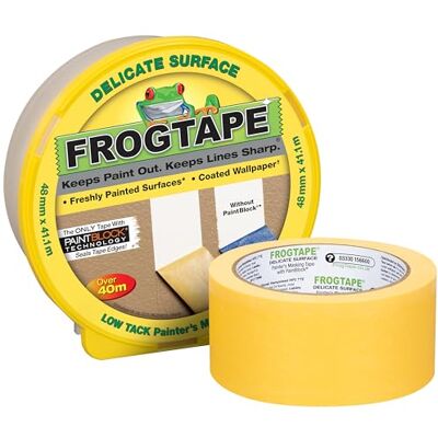 Frog Tape Yellow Delicate Surface Painters Masking Tape 48mm x 41.1m. Indoor painting and decorating for sharp lines and no paint bleed Frog Tape Yellow Delicate Surface Painters Masking Tape 48mm x 41.1m. Indoor painting and decorating for sharp lines and no paint bleed