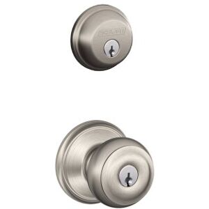 SCHLAGE , Satin Nickel FB50N V GEO 619 B60 Single Cylinder Deadbolt and F51 Entry Knob Keyed Alike, Finish, Security Set_Georgian SCHLAGE , Satin Nickel FB50N V GEO 619 B60 Single Cylinder Deadbolt and F51 Entry Knob Keyed Alike, Finish, Security Set_Georgian