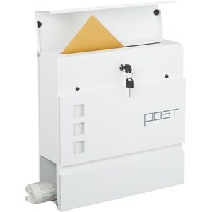 Relaxdays mailbox with newspaper holder, HxWxD: 37 x 37 x 12 cm, metal, 4 keys, postbox with text, white Relaxdays mailbox with newspaper holder, HxWxD: 37 x 37 x 12 cm, metal, 4 keys, postbox with text, white