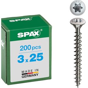 SPAX T-Star Plus Universal Screw 3.0 mm x 25 mm, A2 Stainless Steel, Pack of 200, Raised Countersunk Head, Fully Threaded, 4Cut, Material Characteristics: 1.4567, 0627000300253 SPAX T-Star Plus Universal Screw 3.0 mm x 25 mm, A2 Stainless Steel, Pack of 200, Raised Countersunk Head, Fully Threaded, 4Cut, Material Characteristics: 1.4567, 0627000300253