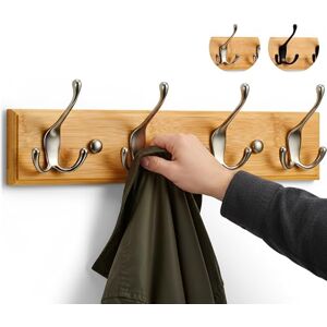 LARHN Wall-Mounted Coat Rack 4 Matt-Nickel Triple Coat Hooks for Wall on Stylish Wooden Bamboo Base 42 cm All Fixings Included LARHN Wall-Mounted Coat Rack 4 Matt-Nickel Triple Coat Hooks for Wall on Stylish Wooden Bamboo Base 42 cm All Fixings Included