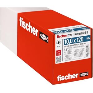 fischer PowerFast II 566340 WTP 10.0 x 120, Powerful Flat Head, Inner Star Socket and Partial Thread, for Structural Wood Construction, Pack of 50, Silver fischer PowerFast II 566340 WTP 10.0 x 120, Powerful Flat Head, Inner Star Socket and Partial Thread, for Structural Wood Construction, Pack of 50, Silver