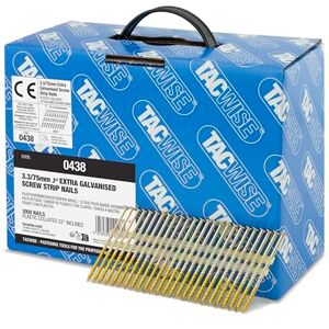 Tacwise 0438 Extra Galvanised Framing Nails 3.3 / 75 mm, Round Head, Screw Shank, 22° Inclined, Plastic Collated, Pack of 3000 Tacwise 0438 Extra Galvanised Framing Nails 3.3 / 75 mm, Round Head, Screw Shank, 22° Inclined, Plastic Collated, Pack of 3000