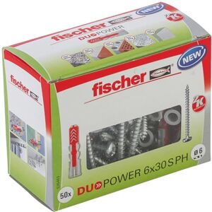 fischer DuoPower 6 x 30 S PH, powerful universal plug with panhead screw, intelligent 2-component technology for fastenings in concrete, bricks, stone, gypsum plasterboard, etc., 50 plugs & 50 screws fischer DuoPower 6 x 30 S PH, powerful universal plug with panhead screw, intelligent 2-component technology for fastenings in concrete, bricks, stone, gypsum plasterboard, etc., 50 plugs & 50 screws