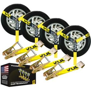VULCAN Car Tie Down with Flat Hooks Lasso Style 2 Inch x 96 Inch 4 Pack Classic Yellow 3,300 Pound Safe Working Load VULCAN Car Tie Down with Flat Hooks Lasso Style 2 Inch x 96 Inch 4 Pack Classic Yellow 3,300 Pound Safe Working Load