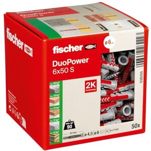 fischer DuoPower 6 x 50 S, Powerful Universal Plug with Safety Screw, Intelligent 2-Component Technology for fastenings in Concrete, Bricks, Stone, Gypsum plasterboard, etc., 50 Plugs & 50 Screws fischer DuoPower 6 x 50 S, Powerful Universal Plug with Safety Screw, Intelligent 2-Component Technology for fastenings in Concrete, Bricks, Stone, Gypsum plasterboard, etc., 50 Plugs & 50 Screws