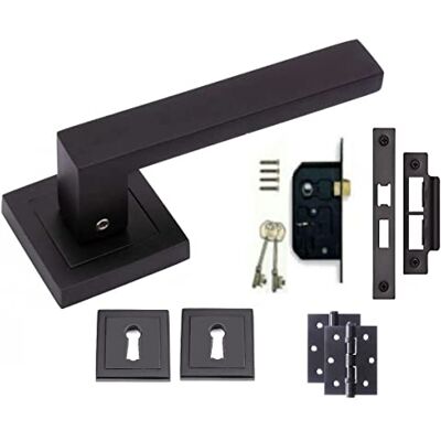 Golden Grace Delta Door Handles Lock Set on Square Rose, Key Lock Set Supplied with ball bearing hinges, matte black escutcheons, 64mm mortise mechanism and fixing screws for internal woodwork. Golden Grace Delta Door Handles Lock Set on Square Rose, Key Lock Set Supplied with ball bearing hinges, matte black escutcheons, 64mm mortise mechanism and fixing screws for internal woodwork.