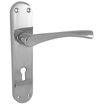 Golden Grace Astrid Lever Lock Door Handles, Polished Chrome, 182mm x 45mm Supplied in pairs with 7.9mm spindle and fixings included; large backplate covers old screw holes during replacements. Golden Grace Astrid Lever Lock Door Handles, Polished Chrome, 182mm x 45mm Supplied in pairs with 7.9mm spindle and fixings included; large backplate covers old screw holes during replacements.