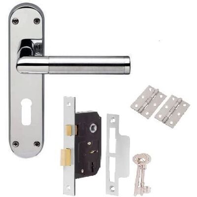 Golden Grace Mitred Door Handle Set Satin/Polished Chrome Dual Finish Includes 3-lever lock, keys, 3" butt hinges, spindle and fixings; large 182mm x 45mm backplate covers older screw holes. Golden Grace Mitred Door Handle Set Satin/Polished Chrome Dual Finish Includes 3-lever lock, keys, 3" butt hinges, spindle and fixings; large 182mm x 45mm backplate covers older screw holes.