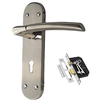 Golden Grace Indiana Lock Door Handles, Duo Satin Stainless Steel 182x45mm Includes 3-lever lock, 2 keys, 7.9mm spindle and fixings for a complete installation to update new or old interior doors. Golden Grace Indiana Lock Door Handles, Duo Satin Stainless Steel 182x45mm Includes 3-lever lock, 2 keys, 7.9mm spindle and fixings for a complete installation to update new or old interior doors.