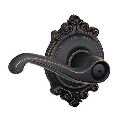 SCHLAGE F40 FLA 716 BRK Flair Door Lever with Brookshire Trim, Bed & Bath Privacy Lock, Aged Bronze SCHLAGE F40 FLA 716 BRK Flair Door Lever with Brookshire Trim, Bed & Bath Privacy Lock, Aged Bronze