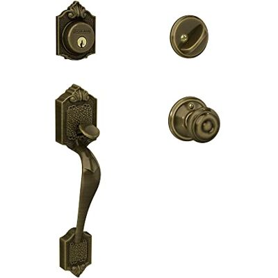 SCHLAGE F60VPAR609GEO Parthenon Front Entry Handleset with Georgian Knob Deadbolt Keyed 1 Side, Antique Brass SCHLAGE F60VPAR609GEO Parthenon Front Entry Handleset with Georgian Knob Deadbolt Keyed 1 Side, Antique Brass