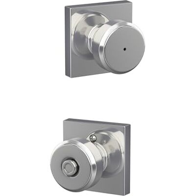 SCHLAGE F40 BWE 625 COL Bowery Knob with Collins Trim Bed & Bath Privacy Door Lock, Bright Chrome SCHLAGE F40 BWE 625 COL Bowery Knob with Collins Trim Bed & Bath Privacy Door Lock, Bright Chrome
