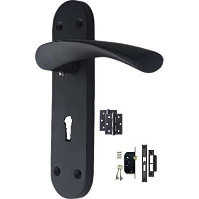 Golden Grace Astrid Lever Lock Door Handle Set, Matt Black 182mm x 45mm Matt black handles come with a 2.5-inch mortise sash lock, keys, spindle, fixings, and a pair of 3-inch ball bearing hinges. Golden Grace Astrid Lever Lock Door Handle Set, Matt Black 182mm x 45mm Matt black handles come with a 2.5-inch mortise sash lock, keys, spindle, fixings, and a pair of 3-inch ball bearing hinges.