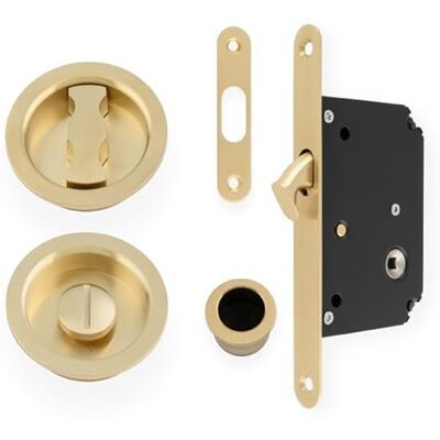 Alexander & Wilks AW110R Radius Sliding Door Lock Set, 50mm Backset, Solid Brass (Satin Brass PVD) Alexander & Wilks AW110R Radius Sliding Door Lock Set, 50mm Backset, Solid Brass (Satin Brass PVD)
