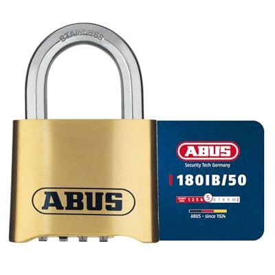 ABUS Combination Lock 180IB/50 Brass Padlock with 4 Digit Code Weatherproof and Stainless Steel Shackle for Garage, School, Locker, Warehouse Security Level 5 Brass ABUS Combination Lock 180IB/50 Brass Padlock with 4 Digit Code Weatherproof and Stainless Steel Shackle for Garage, School, Locker, Warehouse Security Level 5 Brass