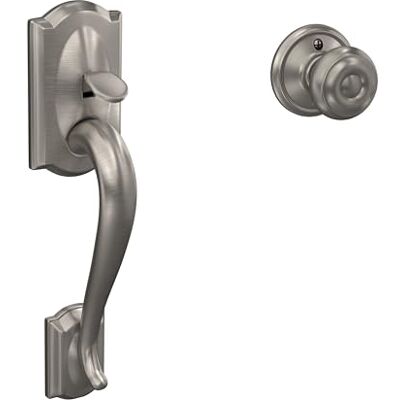 SCHLAGE FE285 CAM 619 GEO Camelot Front Entry Handleset with Georgian Knob, Lower Half Grip, Satin Nickel SCHLAGE FE285 CAM 619 GEO Camelot Front Entry Handleset with Georgian Knob, Lower Half Grip, Satin Nickel