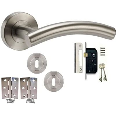 Golden Grace Arched T-Bar Door Handles Lock Set, Satin Nickel, Key Lock Set Includes 3-lever lock with 2 keys, matching escutcheons, standard butt hinges and fixing screws for a complete setup. Golden Grace Arched T-Bar Door Handles Lock Set, Satin Nickel, Key Lock Set Includes 3-lever lock with 2 keys, matching escutcheons, standard butt hinges and fixing screws for a complete setup.