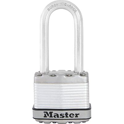 Master Lock Heavy Duty Padlock, Security Level 8/10, Keyed, Laminated Steel, Weatherproof, Long Shackle Master Lock Heavy Duty Padlock, Security Level 8/10, Keyed, Laminated Steel, Weatherproof, Long Shackle