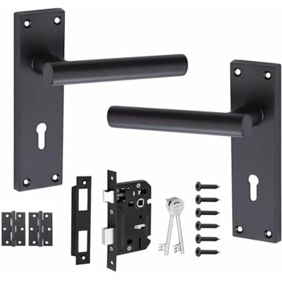 Golden Grace Victorian Lever Lock Door Handles, Matt Black Key Lock Set Includes a 64mm tubular latch and 3-inch ball bearing hinges, offering a complete setup for internal wooden doors. Golden Grace Victorian Lever Lock Door Handles, Matt Black Key Lock Set Includes a 64mm tubular latch and 3-inch ball bearing hinges, offering a complete setup for internal wooden doors.