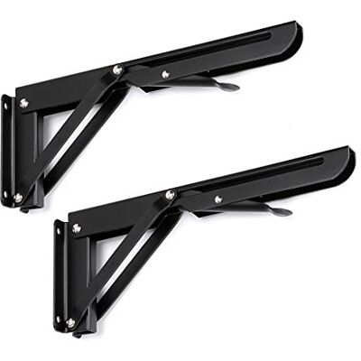 SUMNACON Sturdy Folding Shelf Brackets Heavy Duty Metal Triangle Table Bench Folding Shelf Bracket 10 Inch, 2 Pcs Folding Shelf Hinge Wall Mounted, Max Load 132lb (Black) SUMNACON Sturdy Folding Shelf Brackets Heavy Duty Metal Triangle Table Bench Folding Shelf Bracket 10 Inch, 2 Pcs Folding Shelf Hinge Wall Mounted, Max Load 132lb (Black)