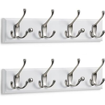 LARHN Wall-Mounted Coat Rack (2-Pack) 4 Matt-Nickel Triple Coat Hooks for Wall on White Wooden Bamboo Base 42 cm All Fixings Included LARHN Wall-Mounted Coat Rack (2-Pack) 4 Matt-Nickel Triple Coat Hooks for Wall on White Wooden Bamboo Base 42 cm All Fixings Included