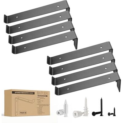 BATODA Shelf Brackets 12 inch (8 pcs) with Lip for DIY Floating Shelf 8 Pack L Shelf Bracket Black 12 inches Heavy Duty Hook Brackets for Shelves Wall Mounted Support for DIY Open Shelving BATODA Shelf Brackets 12 inch (8 pcs) with Lip for DIY Floating Shelf 8 Pack L Shelf Bracket Black 12 inches Heavy Duty Hook Brackets for Shelves Wall Mounted Support for DIY Open Shelving
