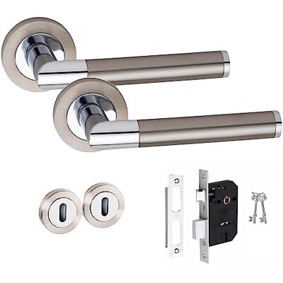 Golden Grace Mitred Duo Finish Satin Nickel/Polished Chrome, Key Lock Set Includes spindles, screws, 64mm 3-lever lock and escutcheons, providing reinforced security on a classic round rose. Golden Grace Mitred Duo Finish Satin Nickel/Polished Chrome, Key Lock Set Includes spindles, screws, 64mm 3-lever lock and escutcheons, providing reinforced security on a classic round rose.