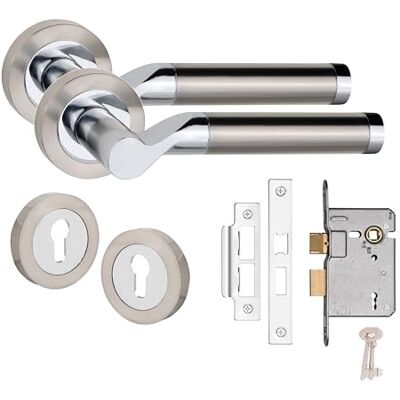 Golden Grace Titan Duo Finish Satin Nickel/Polished Chrome, Key Lock Set Includes handles, spindles, screws, 64mm 3-lever lock and keyhole escutcheons for a complete, secure home installation. Golden Grace Titan Duo Finish Satin Nickel/Polished Chrome, Key Lock Set Includes handles, spindles, screws, 64mm 3-lever lock and keyhole escutcheons for a complete, secure home installation.