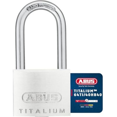 ABUS Titalium 64TI/40HB40 Padlock with high Shackle Basement Lock with Lock Body Made of Special Aluminium Hardened Steel Shackle Security Level 5 ABUS Titalium 64TI/40HB40 Padlock with high Shackle Basement Lock with Lock Body Made of Special Aluminium Hardened Steel Shackle Security Level 5