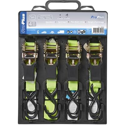 ProPlus 320205 Lashing Strap with Ratchet + 2 Hooks, 5 Metres, Set of 4, Yellow/Black, de 4 ProPlus 320205 Lashing Strap with Ratchet + 2 Hooks, 5 Metres, Set of 4, Yellow/Black, de 4
