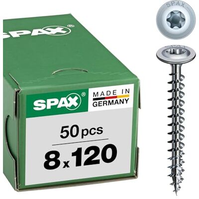 SPAX Wood Screws 8.0 x 120 mm, Pack of 50, T-Star Plus, Flat Head, Partial Thread, 4Cut, Wirox A9J, 251010801205 SPAX Wood Screws 8.0 x 120 mm, Pack of 50, T-Star Plus, Flat Head, Partial Thread, 4Cut, Wirox A9J, 251010801205