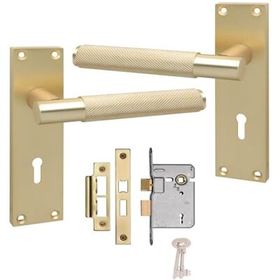 Golden Grace Victorian T-Bar Lock Handle 150x40mm, Satin Brushed Brass Includes 3 lever lock, spindles and fixing screws. Textured knurled T-bar style in a brushed brass finish. Golden Grace Victorian T-Bar Lock Handle 150x40mm, Satin Brushed Brass Includes 3 lever lock, spindles and fixing screws. Textured knurled T-bar style in a brushed brass finish.
