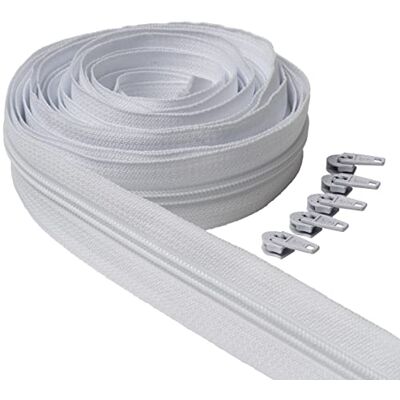IPEA White Continuous Zip 5 Metres Long + 15 Metal Sliders, Chain Size 5, Made in Italy, Nylon Zips, Zip, Cuttable for Sewing by the Metre, Width 30 mm, White IPEA White Continuous Zip 5 Metres Long + 15 Metal Sliders, Chain Size 5, Made in Italy, Nylon Zips, Zip, Cuttable for Sewing by the Metre, Width 30 mm, White