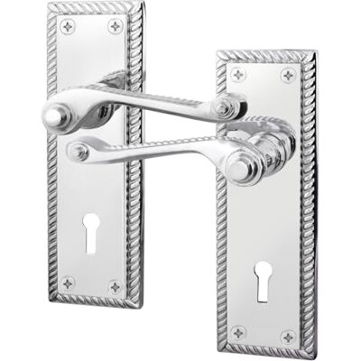 EAI Polished Chrome Door Handles Sash Lock, 1 Pair Rope Scroll 1 Pair of Georgian Scroll Roped Edge Lever on Backplate Internal Door Handles for Key Lock, Fixings Included EAI Polished Chrome Door Handles Sash Lock, 1 Pair Rope Scroll 1 Pair of Georgian Scroll Roped Edge Lever on Backplate Internal Door Handles for Key Lock, Fixings Included